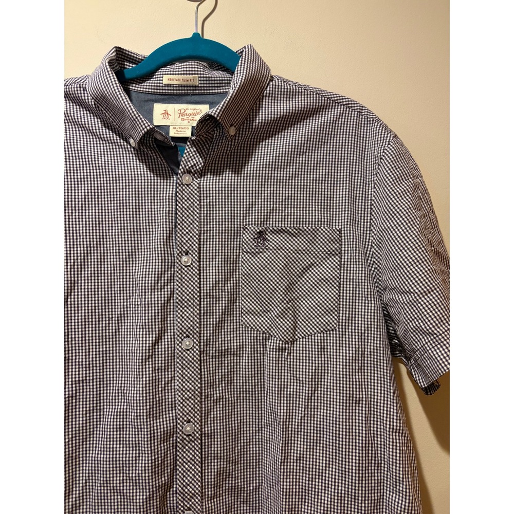 Penguin Mens Short Sleeve Button XL Black White Gingham Slim Fit Cotton Shirt